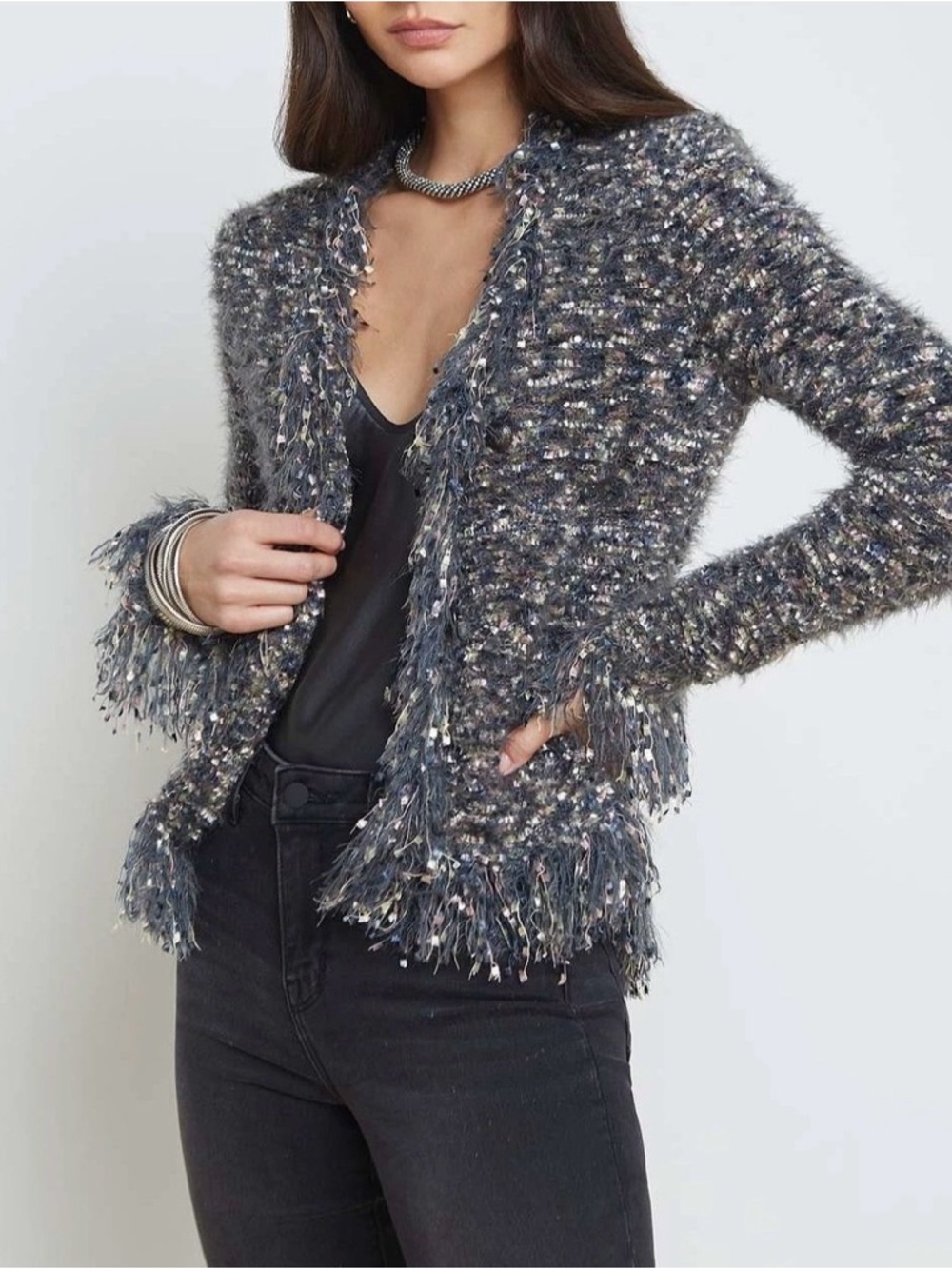 L'AGENCE Confetti Knit open Cardigan Sweater fringe gray sz M